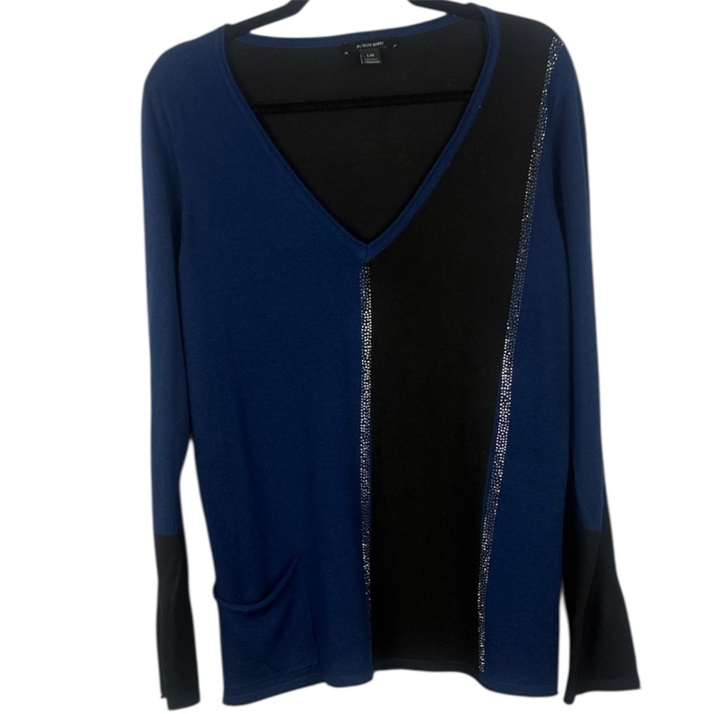 Alison Sheri Soft Wool Blend Black Blue Shimmer V-Neck Long Sleeve Large Top